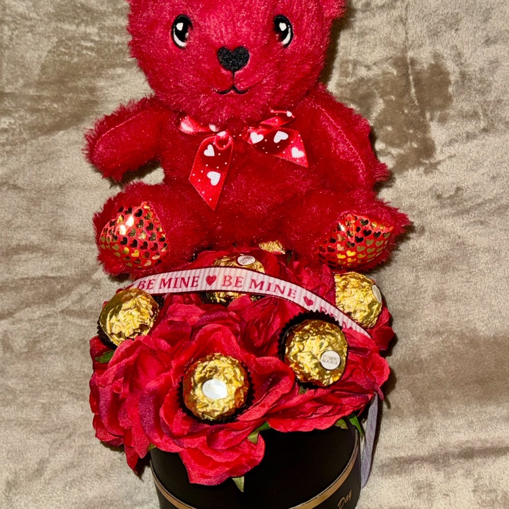 Red Teddy Bear with Roses and Chocolates
